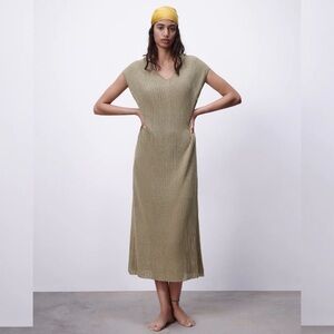 Zara Gold Lurex Metallic Knit Ribbed Hoodie Midi Dress XL